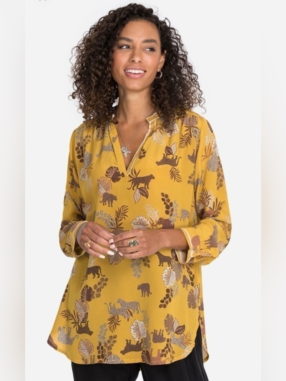 Johnny Was Taly Astrid Tunic Safari 100% Silk Boho Animal Print Blouse Top Shirt